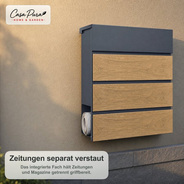 Moderner Wandbriefkasten aus Metall mit Holzoptik Front und integriertem Zeitungsfach für die Hauswandmontage.