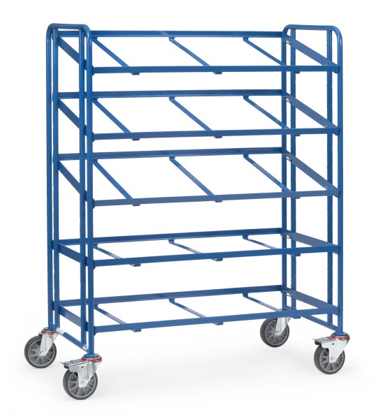 Blauer Materialwagen mit mehreren Ablageflächen und Rädern