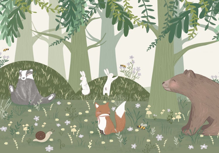 Illustration einer Waldszene mit Tieren, Bäumen und Pflanzen