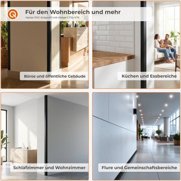 Harter PVC Eckschutzwinkel mit Klebestreifen für den Einsatz in verschiedenen Wohn und Gewerbebereichen wie Küche Flur Büro und Wohnzimmer.