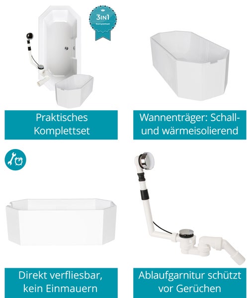 Calmwaters® Achteck Badewanne Komplettset 180 x 90 cm mit Wannenträger & Ablaufgarnitur, Acrylwanne Exclusive, Duowanne für Zwei, Set Badewanne komplett 180x90, 8 Eck Badewanne Weiß, 99000164