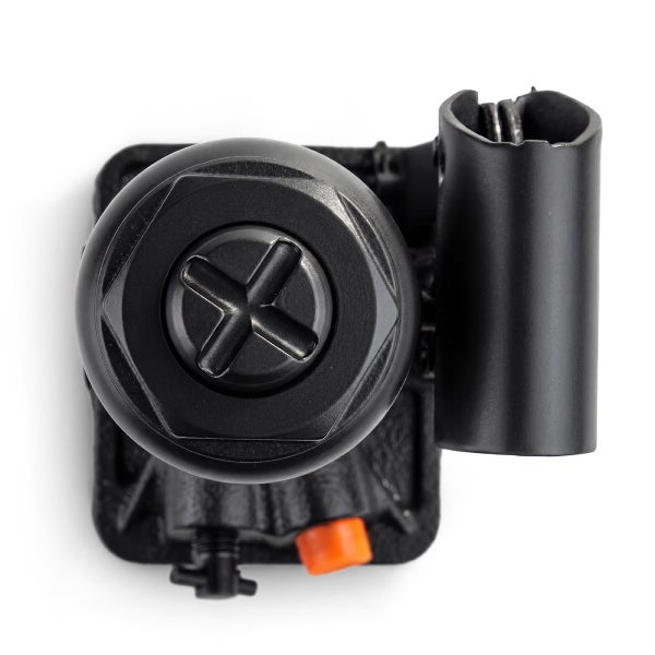 Draufsicht eines hydraulischen Stempelwagenhebers aus schwarzem Metall mit kreuzförmigem Kopf und Hebelaufnahme.