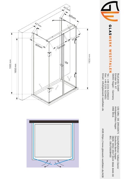 Technische Zeichnung einer Duschkabine mit Maßangaben