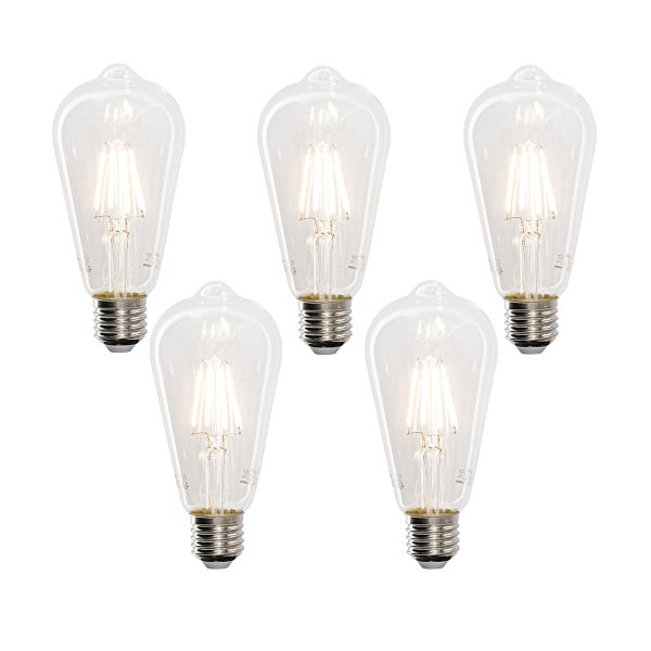 Fünf LED-Filament-Leuchtmittel in Edison-Form ST64 mit E27-Sockel und Klarglas.