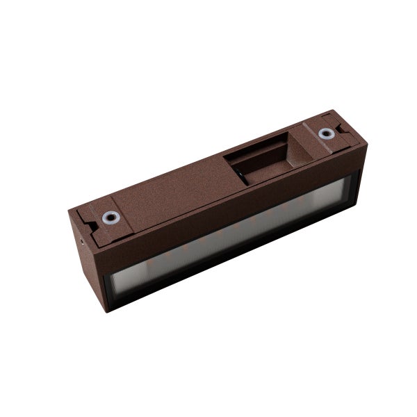 Rechteckige LED-Außenwandleuchte aus strukturiertem Metall in Braun mit einer Front aus mattiertem Glas.