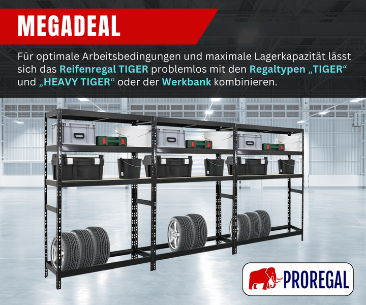Metallregal für Reifen und Werkstattbedarf mit drei Sektionen in einer hellen Industriehalle, Proregal Logo.