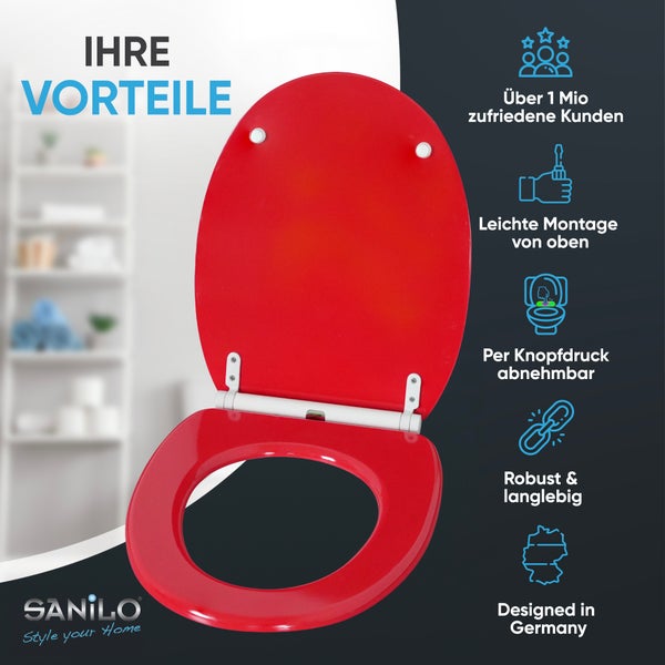 Roter Toilettensitz von SANILO, Montage von oben, abnehmbar per Knopfdruck, robust, langlebig, entworfen in Deutschland, SANILO Logo.