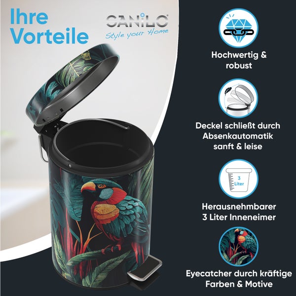 Sanilo Kosmetikeimer mit Papageien-Motiv, 3 Liter, Absenkautomatik, herausnehmbarer Inneneimer, hochwertig und robust.