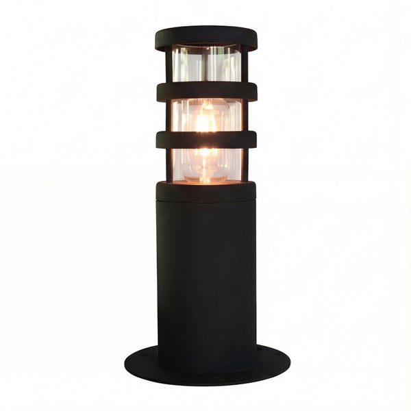 Schwarze Sockelleuchte mit klarem Lampenschirm