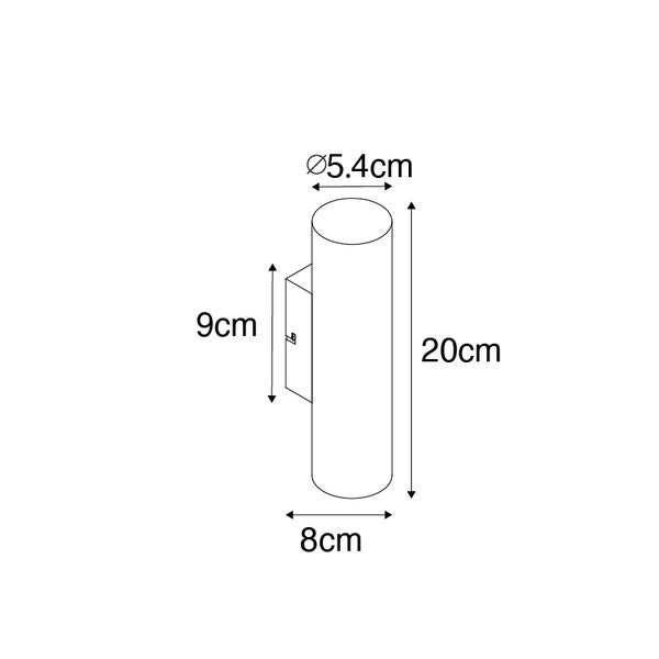 Abmessungen einer Wandleuchte: 20 cm hoch, 8 cm breit und 5,4 cm Durchmesser