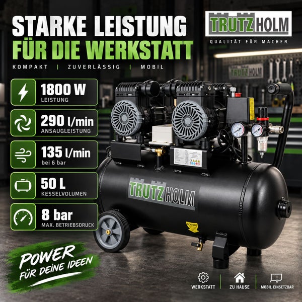 Trutzholm Kompressor mit 50 Liter Kesselvolumen, 1800 Watt Leistung und 290 Liter pro Minute Ansaugleistung für die Werkstatt.