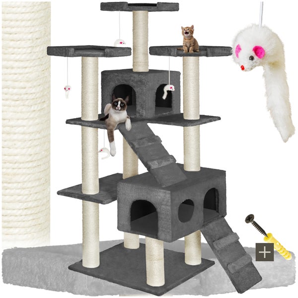 Katzenkratzbaum mit Katzen und Spielzeugmäusen