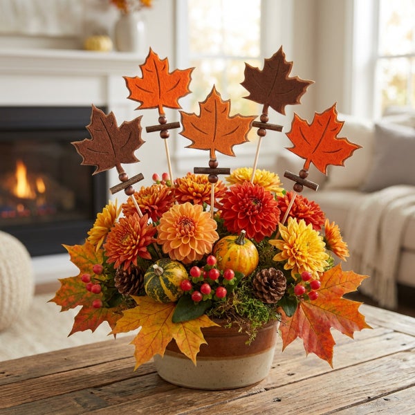 Herbstlicher Blumenstrauß mit Dahlien, Miniaturkürbissen, Tannenzapfen und Ahornblattsteckern in einem Keramiktopf auf einem Holztisch.