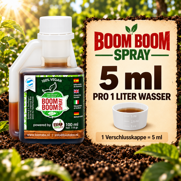 BioTabs Boom Boom Spray Pflanzendünger 100 Milliliter Flasche mit Dosieranleitung für 5 Milliliter pro 1 Liter Wasser für optimales Pflanzenwachstum.