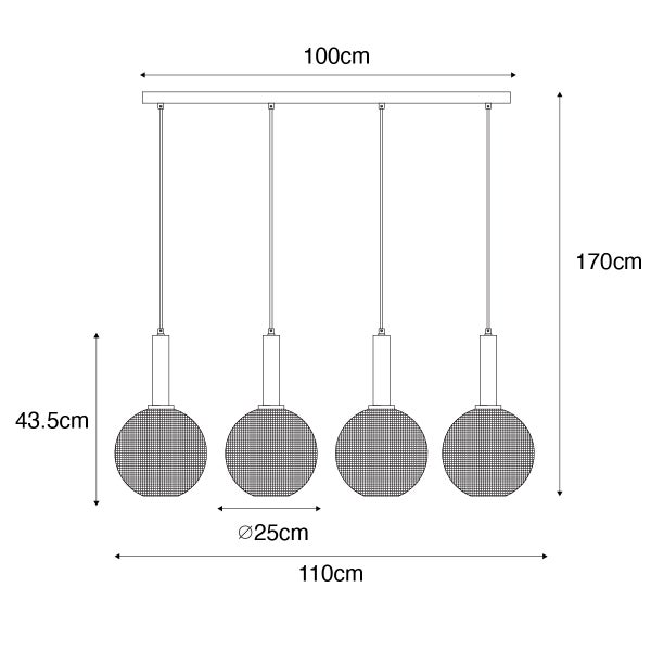 Technische Zeichnung einer Pendelleuchte mit vier Leuchten, Maße: 100 x 170 x 43,5 cm