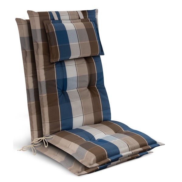 Hochlehner-Auflage mit Kopfpolster und Karomuster in Blau, Braun und Beige für Gartenstühle.