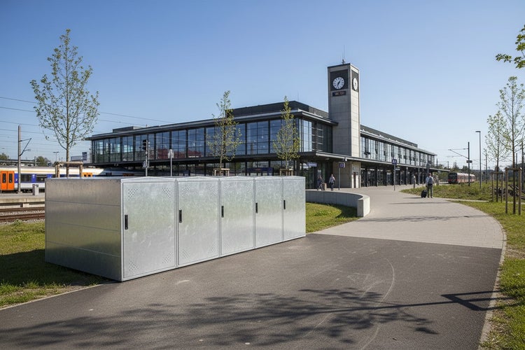 Fahrradboxen aus Metall vor einem Bahnhofsgebäude.