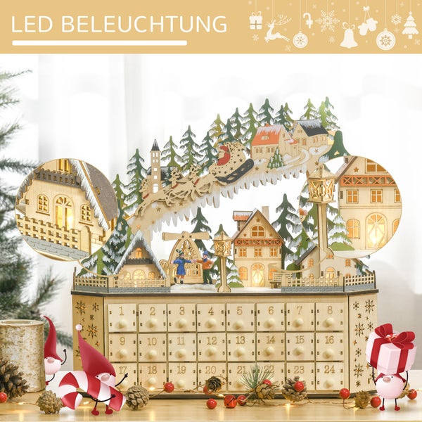 Holz-Adventskalender mit 24 Schubladen und LED-beleuchteter Winterszene mit Häusern und Weihnachtsmann-Schlitten.