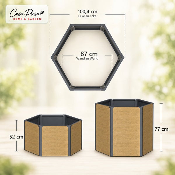 Casa Pura hexagonales Hochbeet in Holzoptik mit Maßen: Breite 100,4 Zentimeter, Tiefe 87 Zentimeter, Höhen 52 und 77 Zentimeter.
