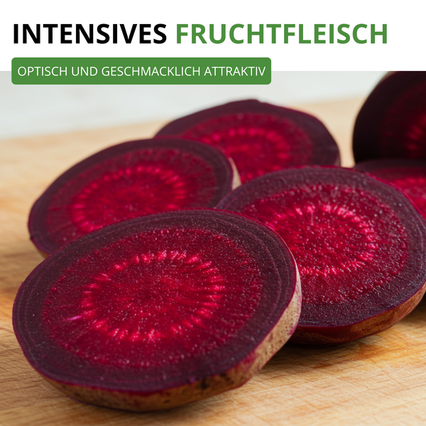 Geschnittene Rote Bete auf einem Holzbrett mit Text zu intensivem Fruchtfleisch und optischer Attraktivität.