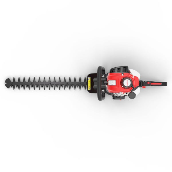 Benzin-Heckenschere in der Draufsicht mit rotem Motorgehäuse und langem Schneidmesser.