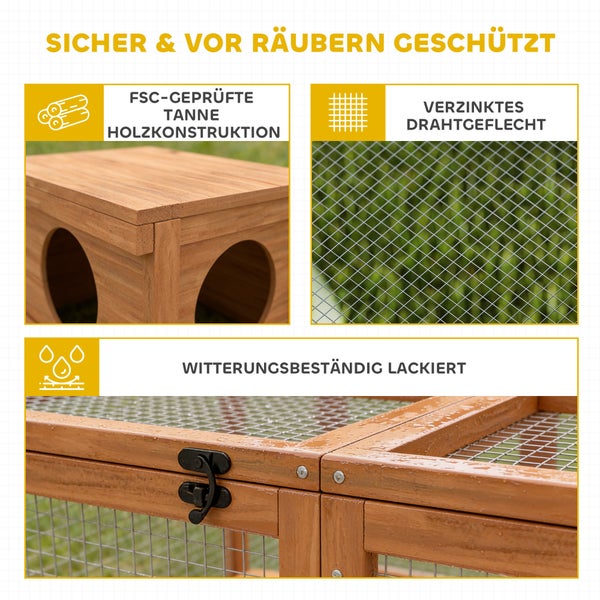 Details eines Kleintierstalls: FSC-zertifizierte Tanne, verzinktes Drahtgeflecht und witterungsbeständige Lackierung zum Schutz vor Räubern.