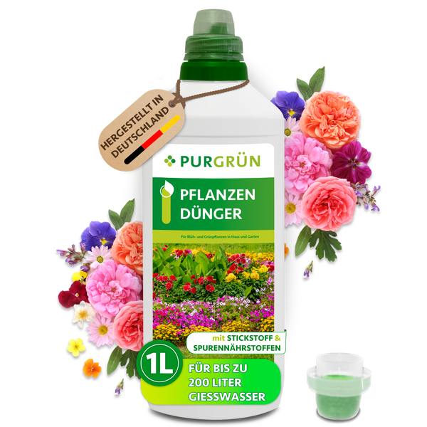 Infografik zur Anwendung von Purgrün Flüssigdünger: Dosieren, mit einem Liter Wasser verdünnen und Düngerkalender für Zimmerpflanzen.