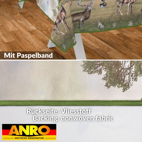 Tischdecke mit Wildtiermotiv und Paspelband sowie Vliesstoff auf der Rückseite