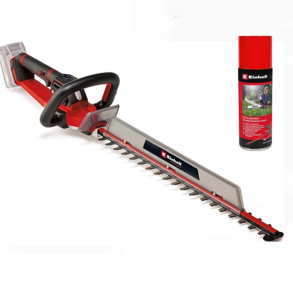 Einhell Akku-Heckenschere mit langem Schwert, Handschutz und einer Dose Einhell Pflegespray.