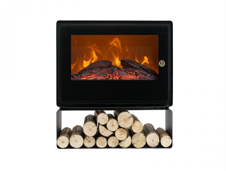 Wohnraum mit Kamin, Esstisch und Regalen für ein gemütliches Ambiente