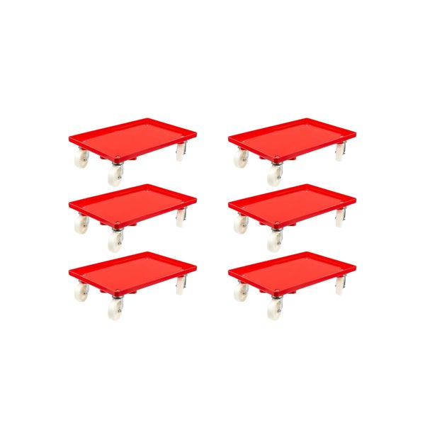 PROREGAL SparSet 6x Transportroller für Euroboxen 60 x 40 cm mit Kunststoffräder Rot Geschlossenes Deck 4 Lenkrollen Traglast 300 kg