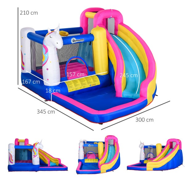 Outsunny Hüpfburg mit Gebläse Rutsche Pool für 4 Kinder aufblasbare Springburg für 3-8 Jahre Outdoor Wasserpark für Kinder Oxford-, Polyester-Gewebe mehrfarbig 360 x 305 x 210 cm