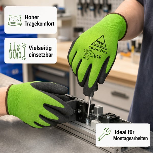 Ein Paar Hase Superflex Arbeitshandschuhe bei Montagearbeiten. Die Handschuhe bieten hohen Tragekomfort und sind vielseitig einsetzbar.
