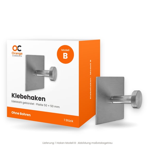 Klebehaken Modell B aus gebürstetem Edelstahl, quadratische Platte 50 mal 50 Millimeter, Montage ohne Bohren, inklusive Verpackung