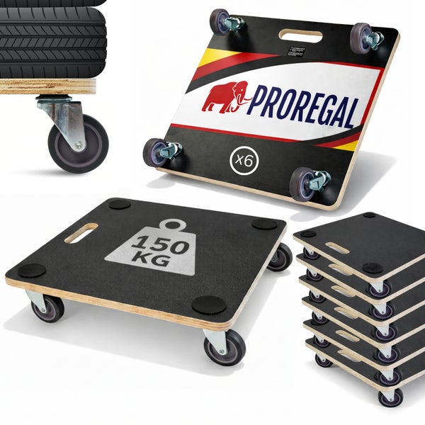 6 Proregal Transporthilfen aus Sperrholz mit schwarzer Antirutschbeschichtung, vier Lenkrollen und einer Traglast von 150 Kilogramm.