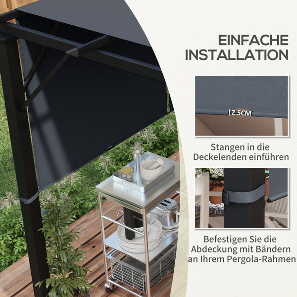 Einfache Installation einer Pergola-Abdeckung: Stangen in den Stoff einführen und mit Bändern am Metallrahmen befestigen.