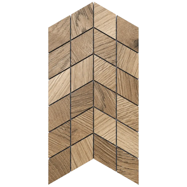 Mosaikfliese in Holzoptik mit Chevron-Muster aus kleinen Rauten.