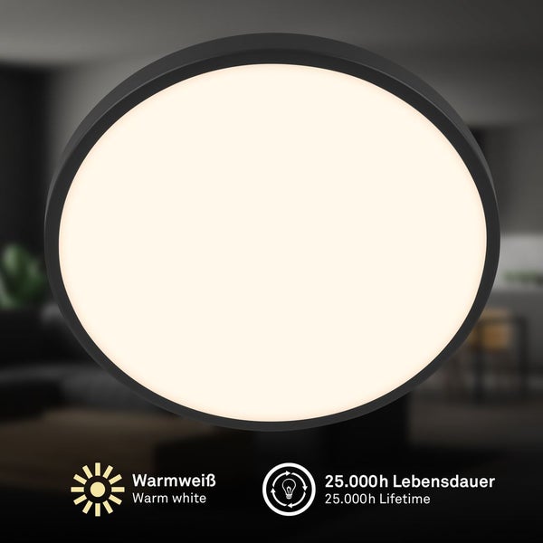 Runde LED-Leuchte mit schwarzem Rand, warmweißem Licht und einer Lebensdauer von 25.000 Stunden.