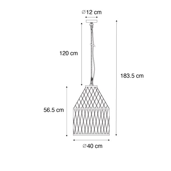 Technische Zeichnung einer Pendelleuchte: Schirmdurchmesser 40 Zentimeter, Schirmhöhe 56,5 Zentimeter, Gesamthöhe 183,5 Zentimeter.
