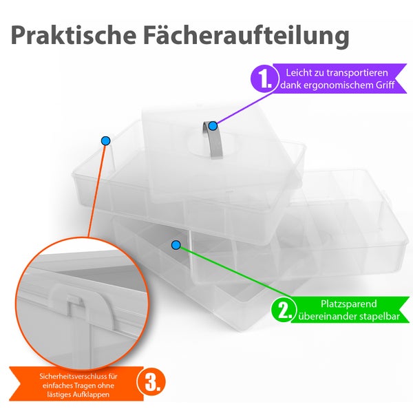 BigDean Sortierbox Aufbewahrung mit Griff, Transparent, 24 x 18,5 x 16 cm, 3 Etagen m. 21 Fächern,für Spielzeug,Büro-Utensilien,Bastel-Material,Kleinteile