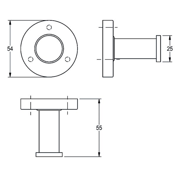 Technische Zeichnung eines Wandhakens mit Maßen in Millimeter: Durchmesser der Basis 54, Tiefe 55 und Durchmesser des Kopfes 25.