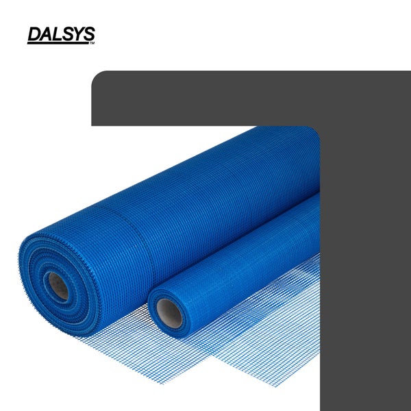 DALSYS Logo und zwei Rollen blaues Armierungsgewebe aus Glasfaser zur Putzbewehrung.