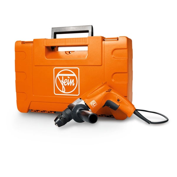 Fein Bohrmaschine mit Zusatzhandgriff und orangefarbenem Transportkoffer mit Fein Logo