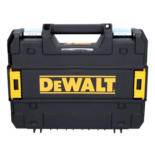 DeWALT TSTAK Werkzeugkoffer aus schwarzem Kunststoff mit DeWALT Logo und Tragegriff.