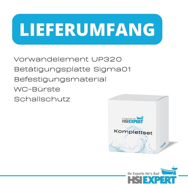 Lieferumfang eines WC-Komplettsets mit Vorwandelement, Betätigungsplatte, Befestigungsmaterial, WC-Bürste und Schallschutz
