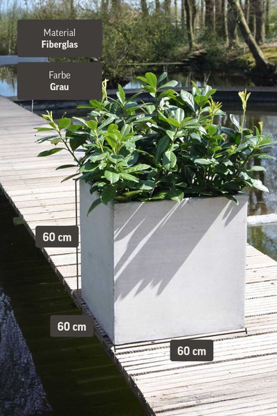 Quadratischer Pflanzkübel aus Fiberglas, grau, Maße 60 mal 60 mal 60 Zentimeter, bepflanzt auf einem Holzsteg am Wasser.