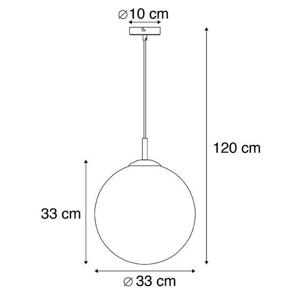 Technische Zeichnung einer Pendelleuchte mit Kugelform und Maßangaben.