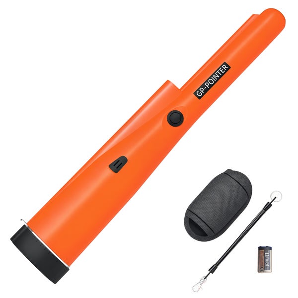 Orangefarbener Metallsuchstift mit Etui, Spiralkabel und Batterie