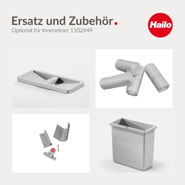 Hailo Ersatzteile und Zubehör: Inneneimer, Deckel, Montagematerial, Müllbeutel und Hailo Logo.
