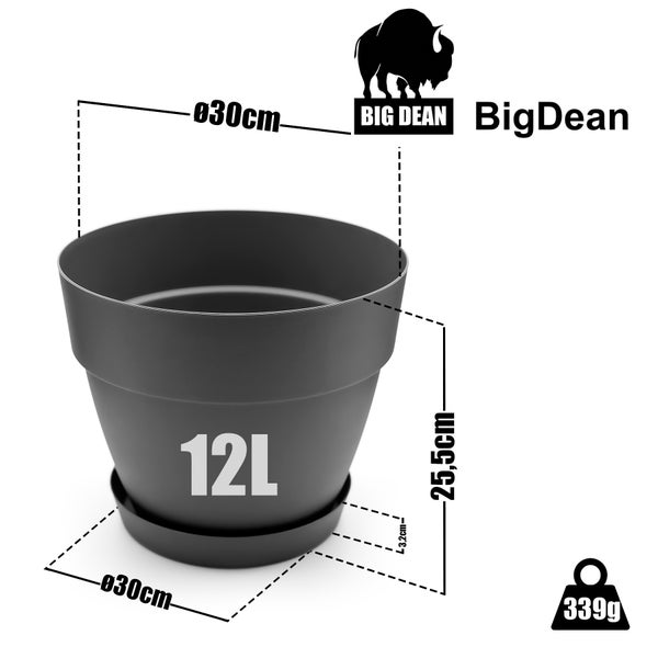 BigDean 3 Stück Blumentopf mit Untersetzer rund ø30 cm in Anthrazit – Übertopf innen + außen geeignet – aus bruchsicherem Kunststoff & Made in Europe